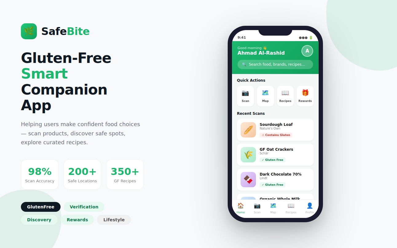 SafeBite gluten-free companion app showcase